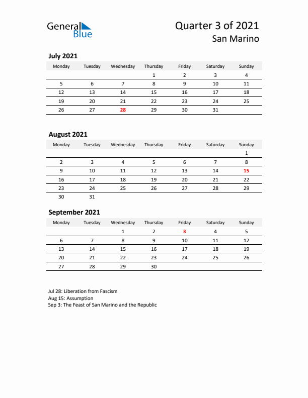 2021 Q3 Three-Month Calendar for San Marino