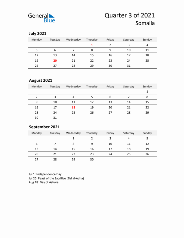 2021 Q3 Three-Month Calendar for Somalia