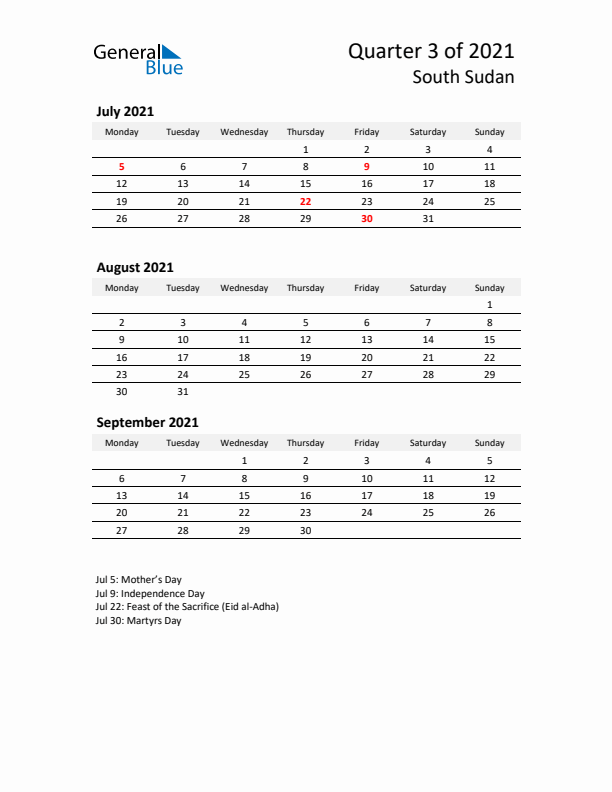 2021 Q3 Three-Month Calendar for South Sudan