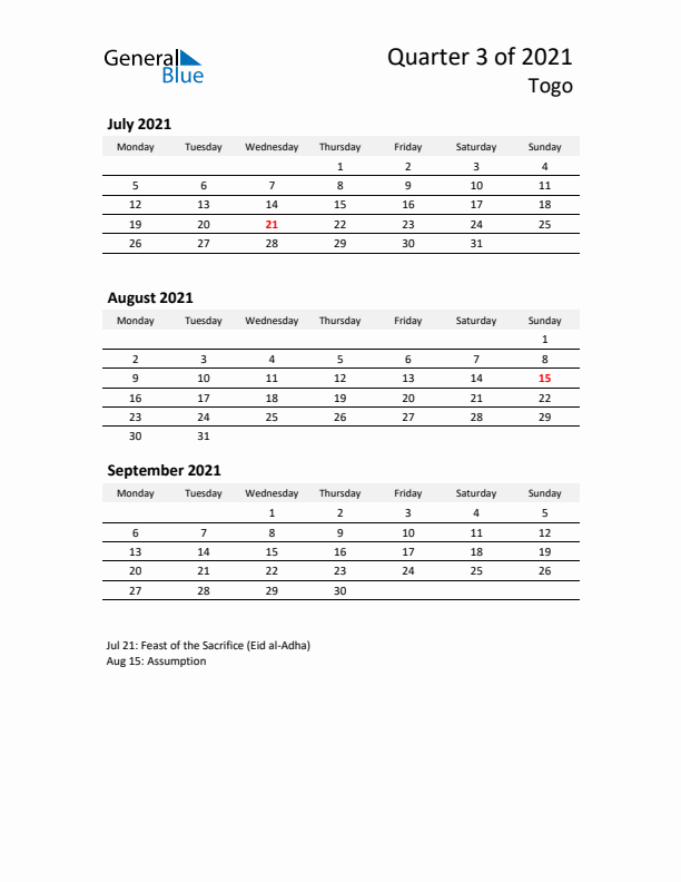 2021 Q3 Three-Month Calendar for Togo