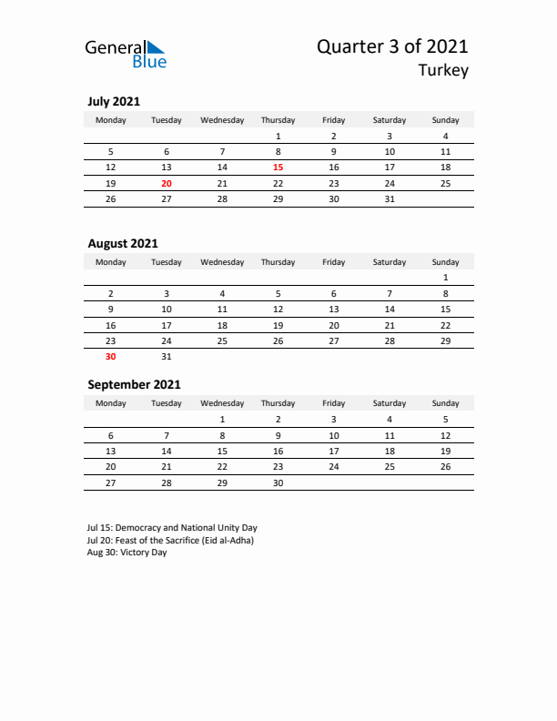 2021 Q3 Three-Month Calendar for Turkey