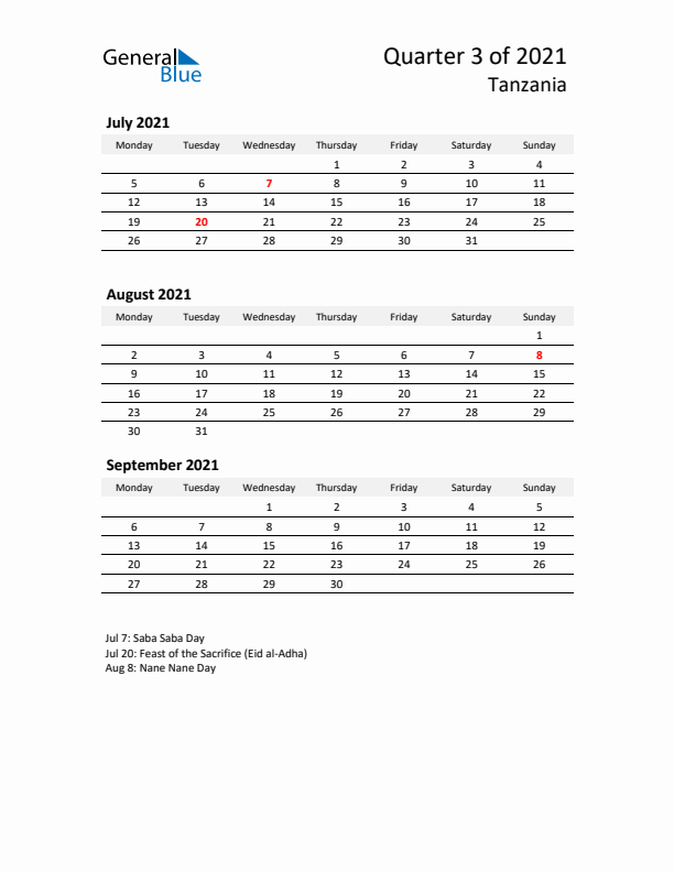 2021 Q3 Three-Month Calendar for Tanzania