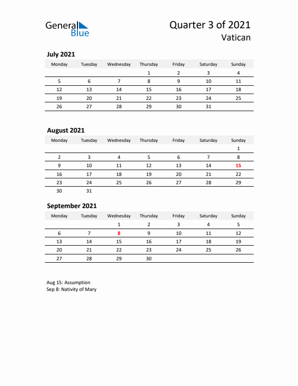 2021 Q3 Three-Month Calendar for Vatican