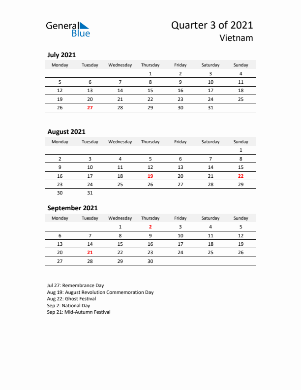 2021 Q3 Three-Month Calendar for Vietnam