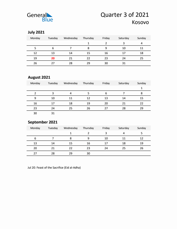 2021 Q3 Three-Month Calendar for Kosovo