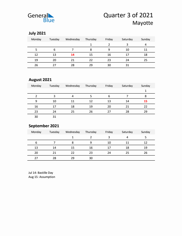 2021 Q3 Three-Month Calendar for Mayotte