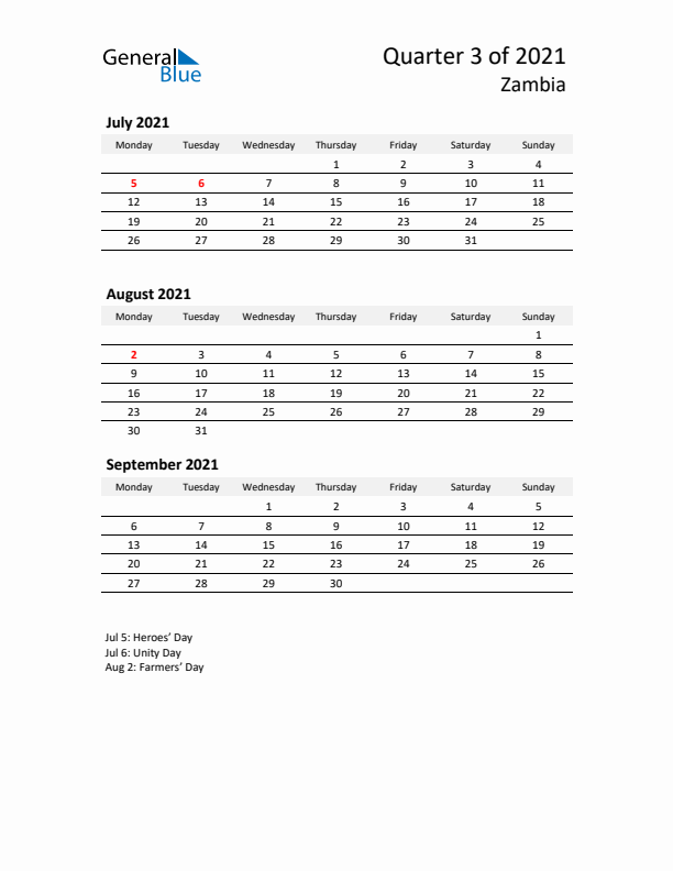 2021 Q3 Three-Month Calendar for Zambia