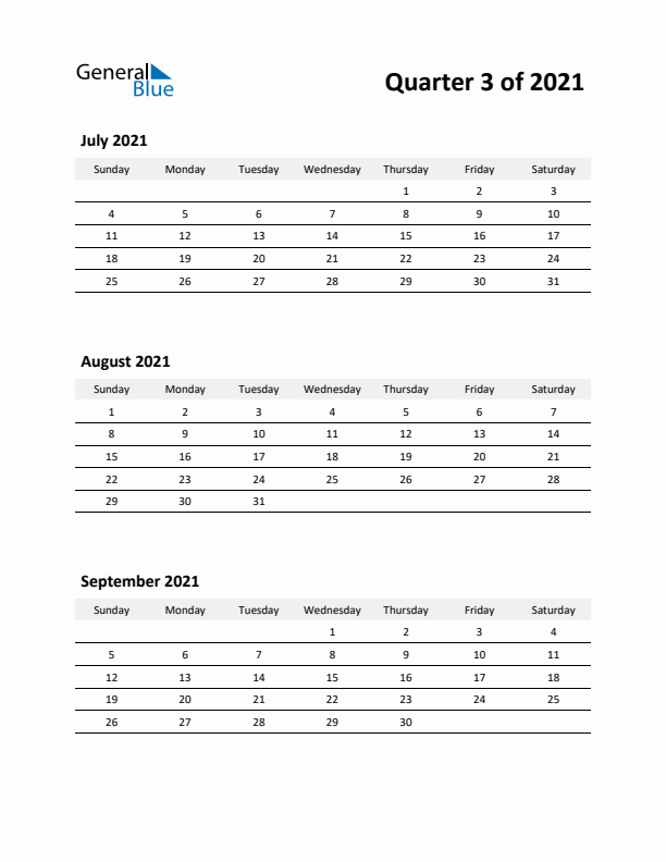 2021 Three-Month Calendar (Quarter 3)