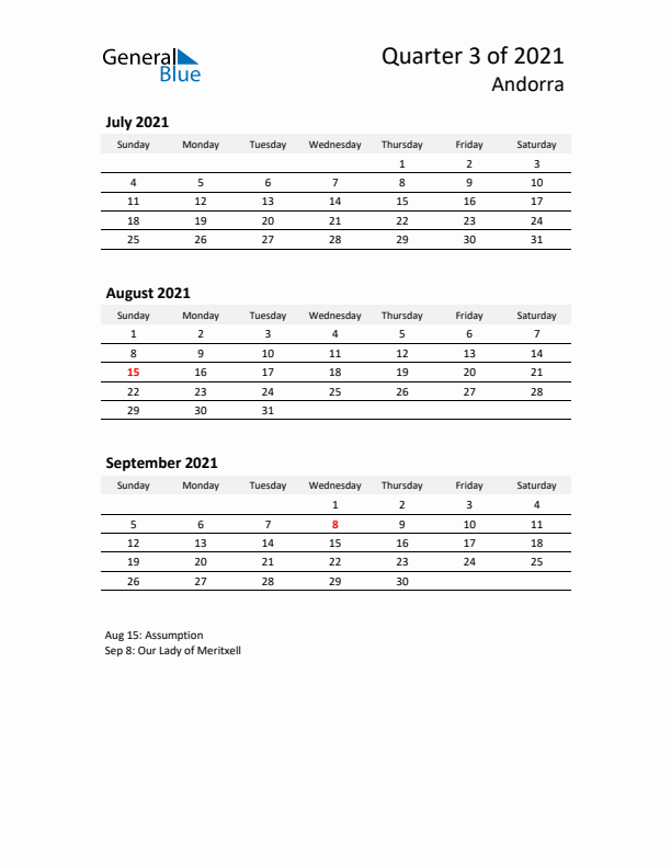 2021 Q3 Three-Month Calendar for Andorra