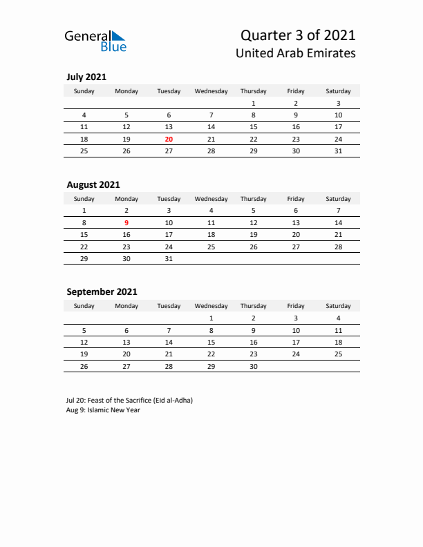 2021 Q3 Three-Month Calendar for United Arab Emirates