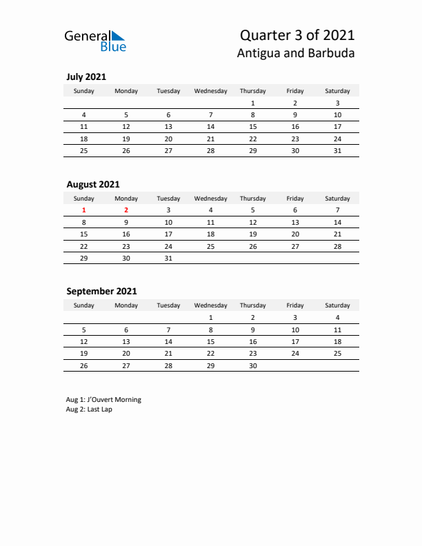 2021 Q3 Three-Month Calendar for Antigua and Barbuda