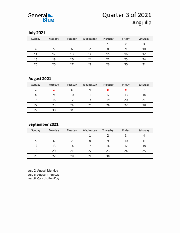 2021 Q3 Three-Month Calendar for Anguilla