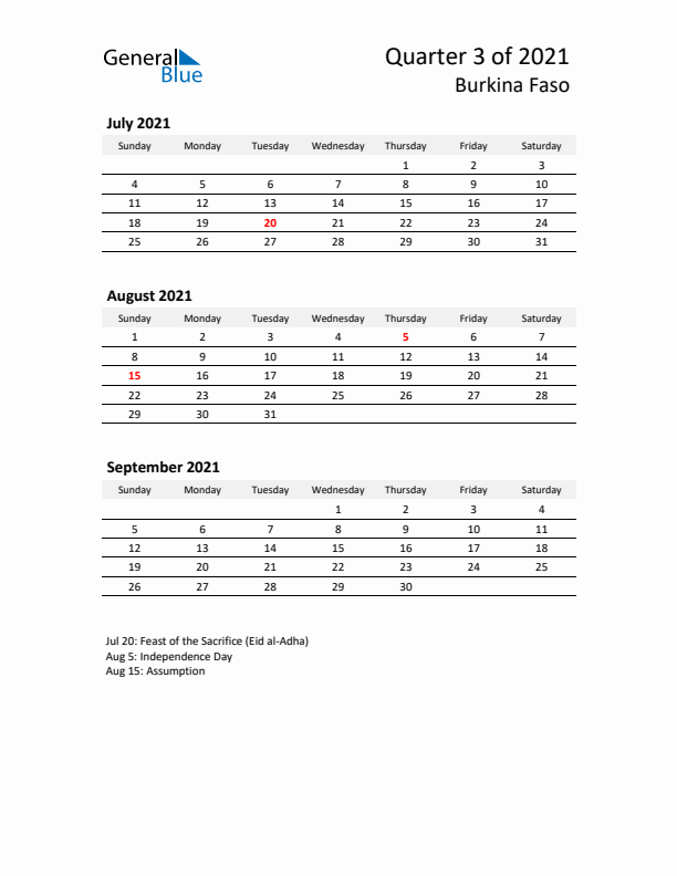 2021 Q3 Three-Month Calendar for Burkina Faso