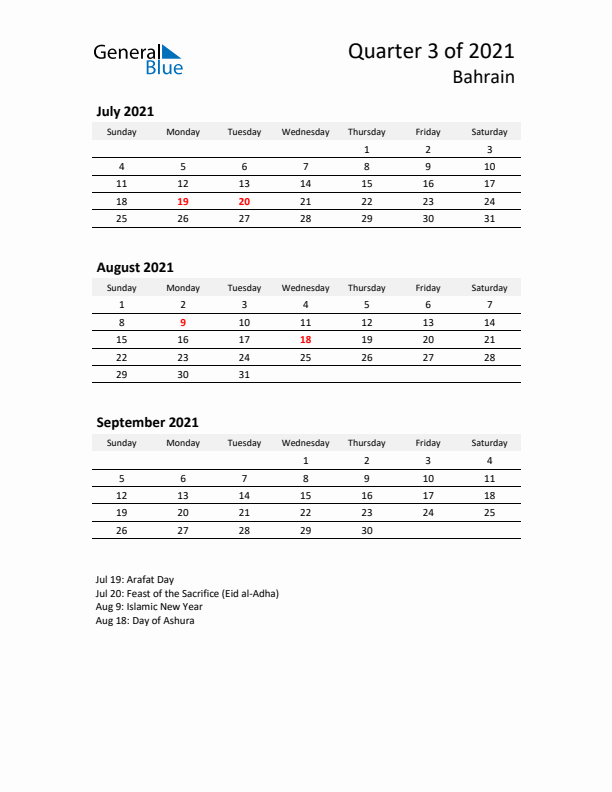 2021 Q3 Three-Month Calendar for Bahrain