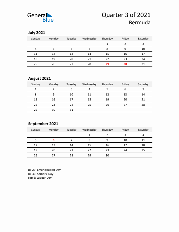 2021 Q3 Three-Month Calendar for Bermuda