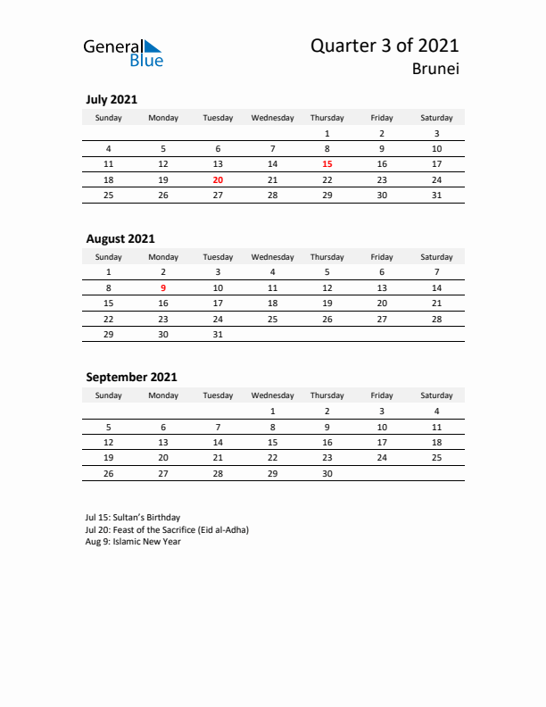 2021 Q3 Three-Month Calendar for Brunei