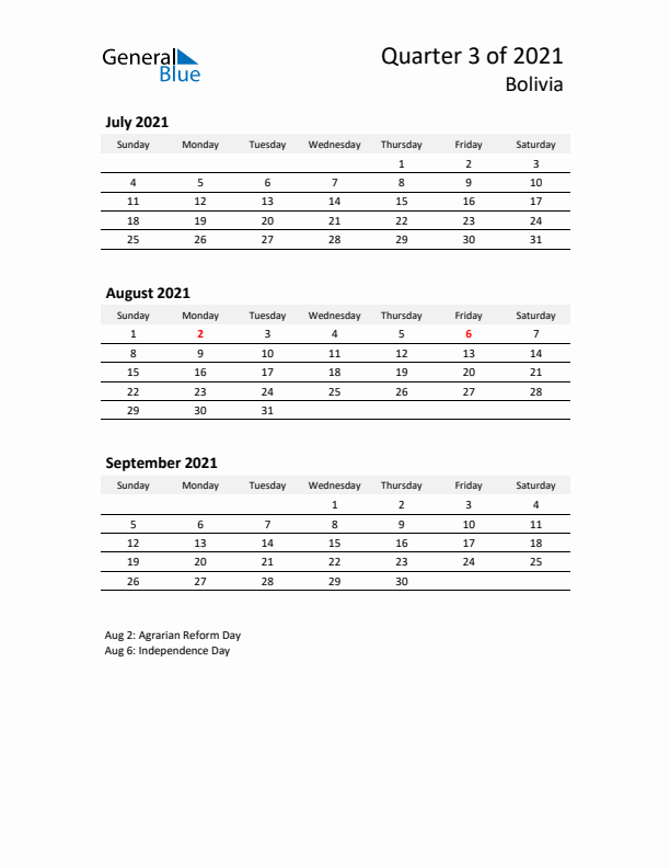 2021 Q3 Three-Month Calendar for Bolivia