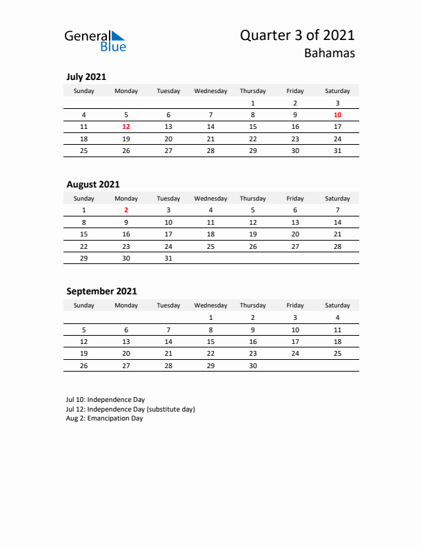 2021 Q3 Three-Month Calendar for Bahamas