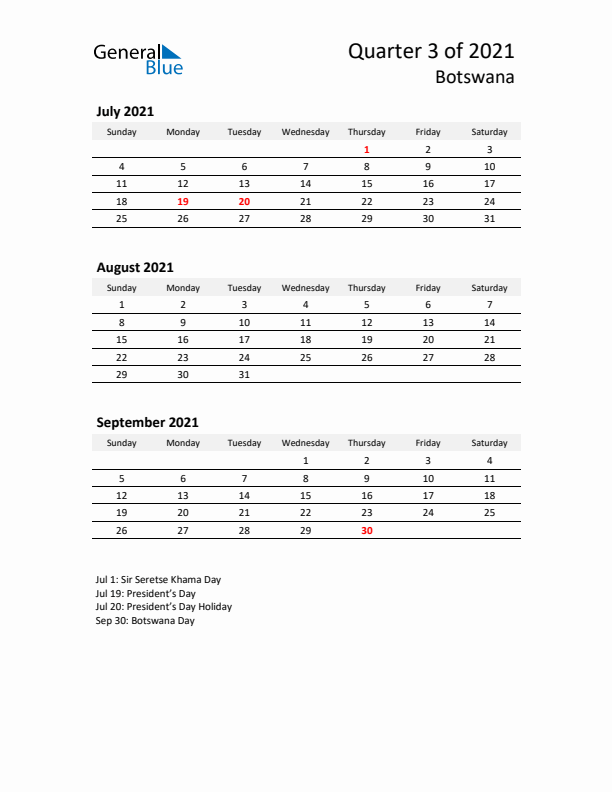 2021 Q3 Three-Month Calendar for Botswana