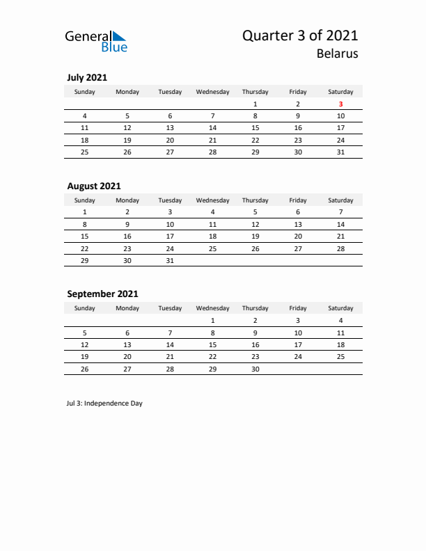 2021 Q3 Three-Month Calendar for Belarus