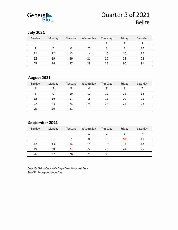 2021 Q3 Three-Month Calendar for Belize