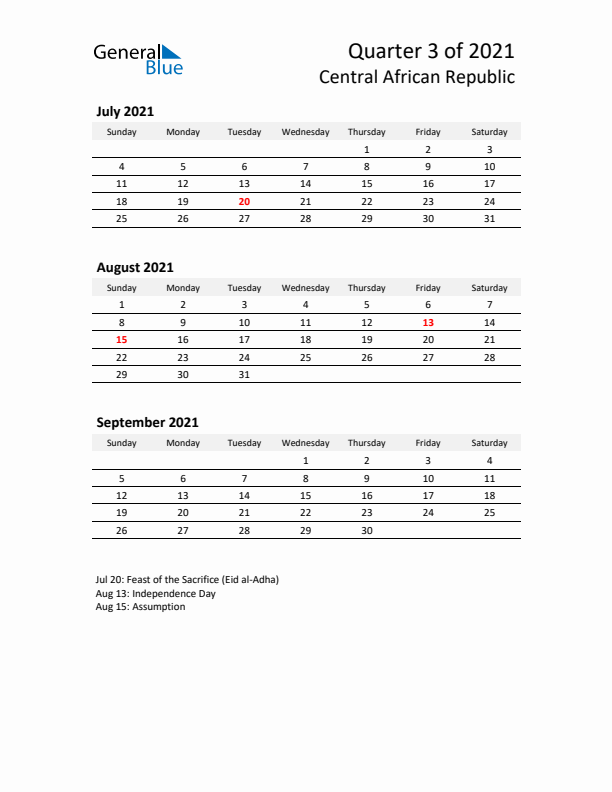 2021 Q3 Three-Month Calendar for Central African Republic