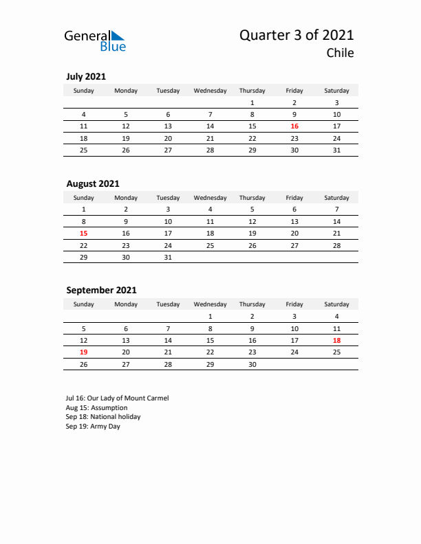 2021 Q3 Three-Month Calendar for Chile