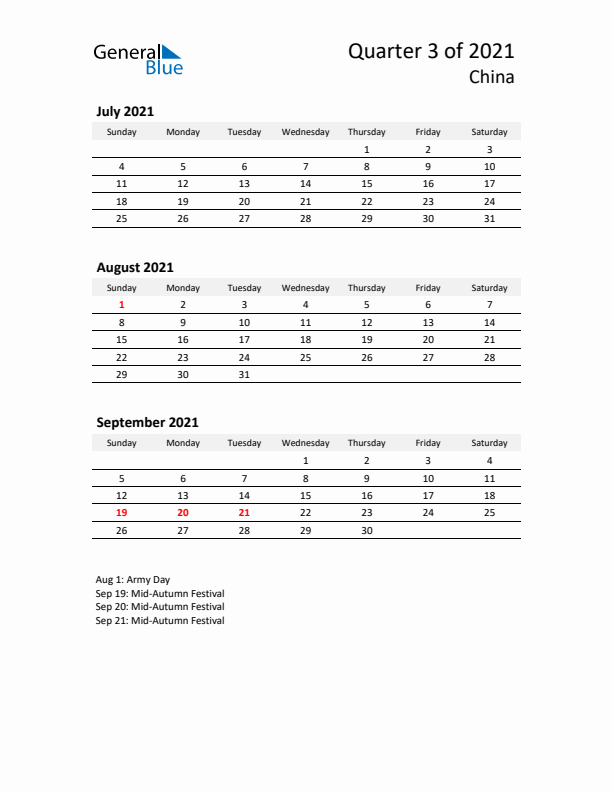 2021 Q3 Three-Month Calendar for China