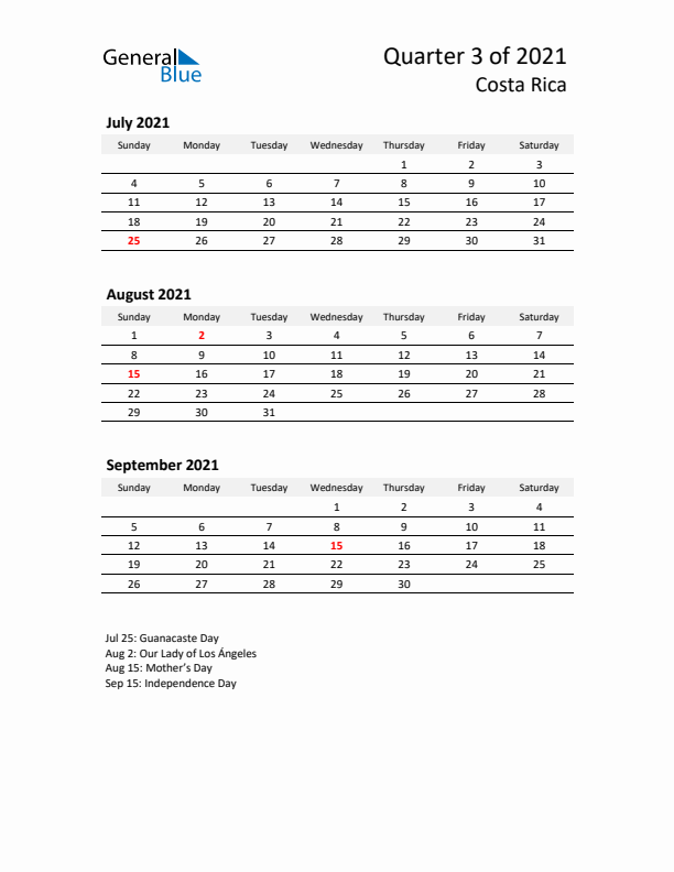 2021 Q3 Three-Month Calendar for Costa Rica