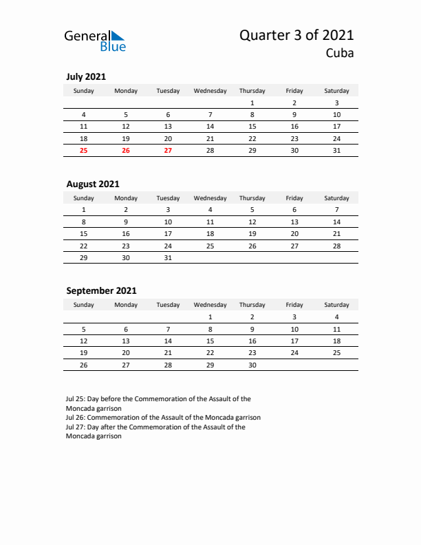 2021 Q3 Three-Month Calendar for Cuba