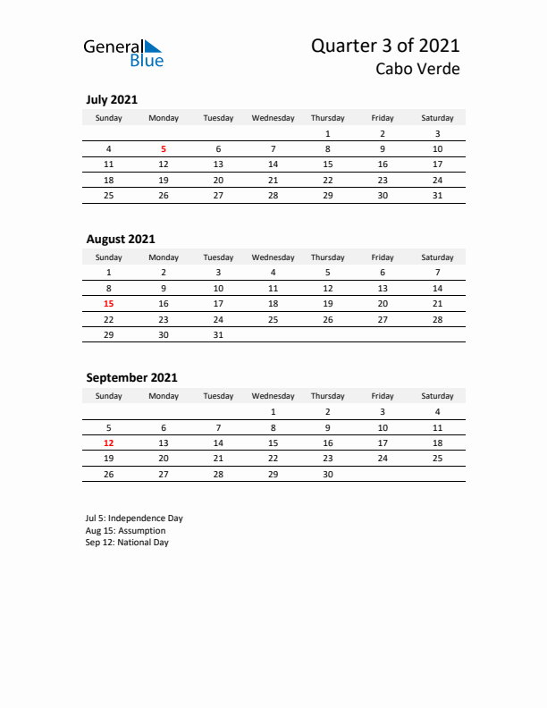 2021 Q3 Three-Month Calendar for Cabo Verde