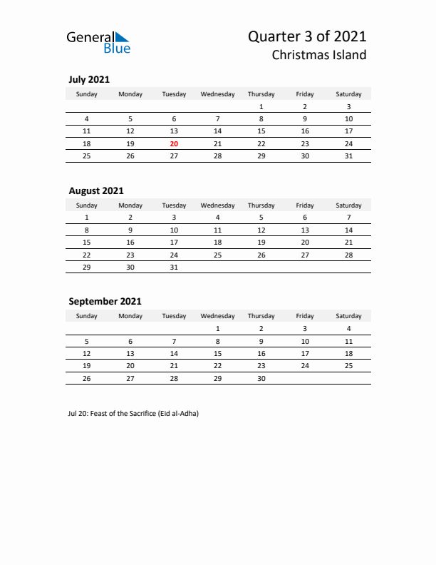 2021 Q3 Three-Month Calendar for Christmas Island