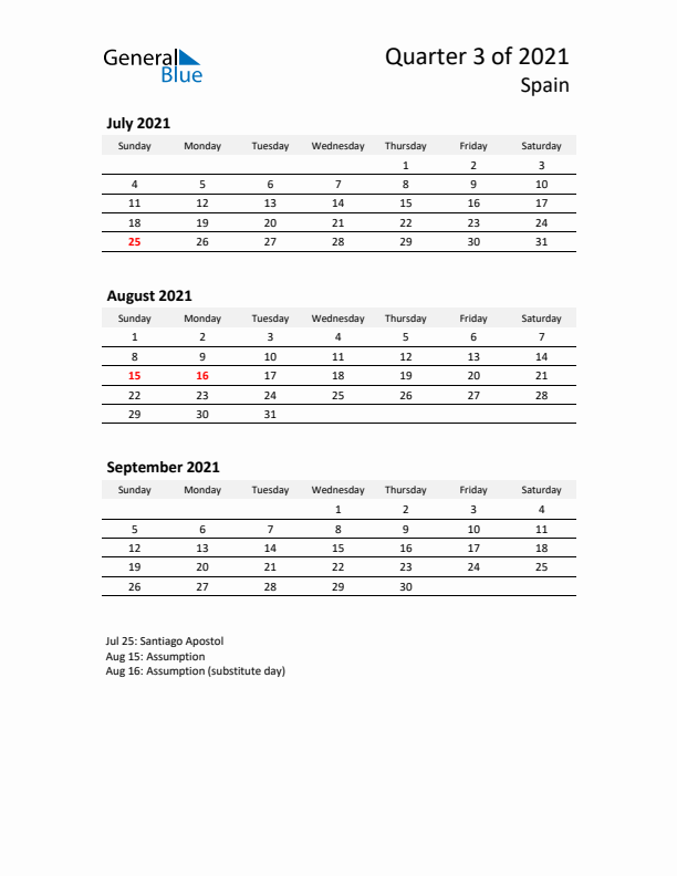 2021 Q3 Three-Month Calendar for Spain