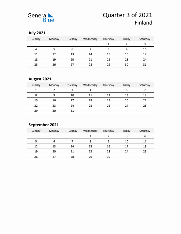 2021 Q3 Three-Month Calendar for Finland