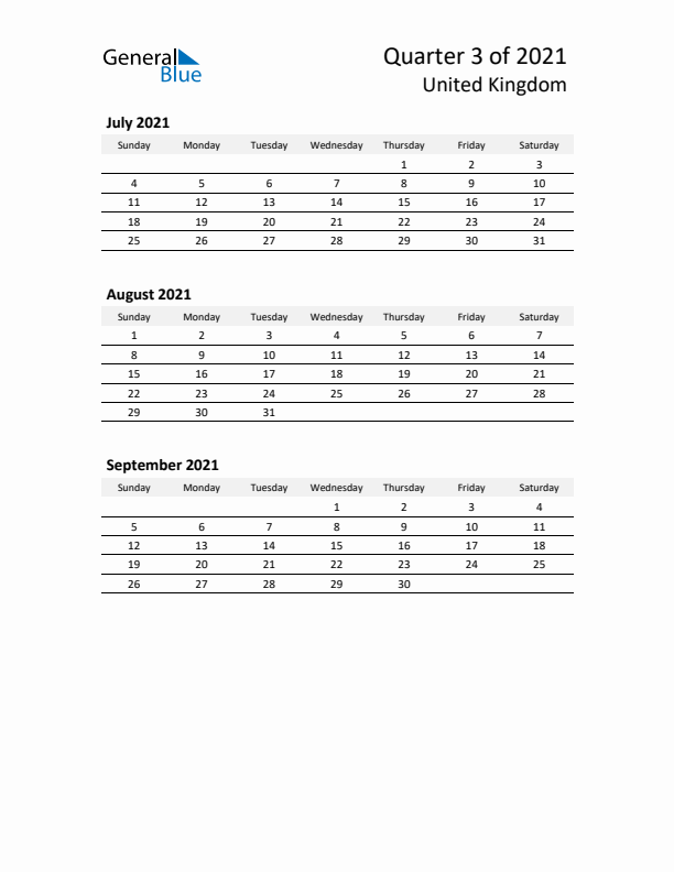 2021 Q3 Three-Month Calendar for United Kingdom