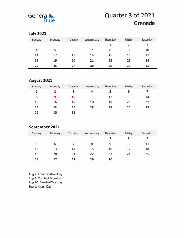 2021 Q3 Three-Month Calendar for Grenada