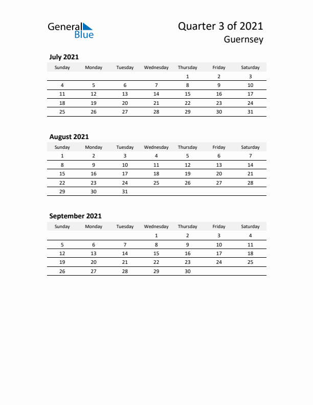 2021 Q3 Three-Month Calendar for Guernsey