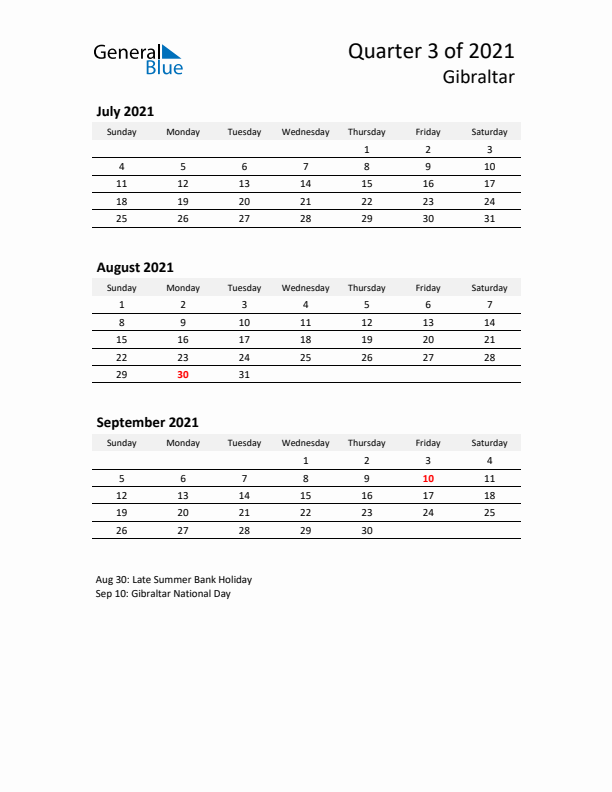 2021 Q3 Three-Month Calendar for Gibraltar