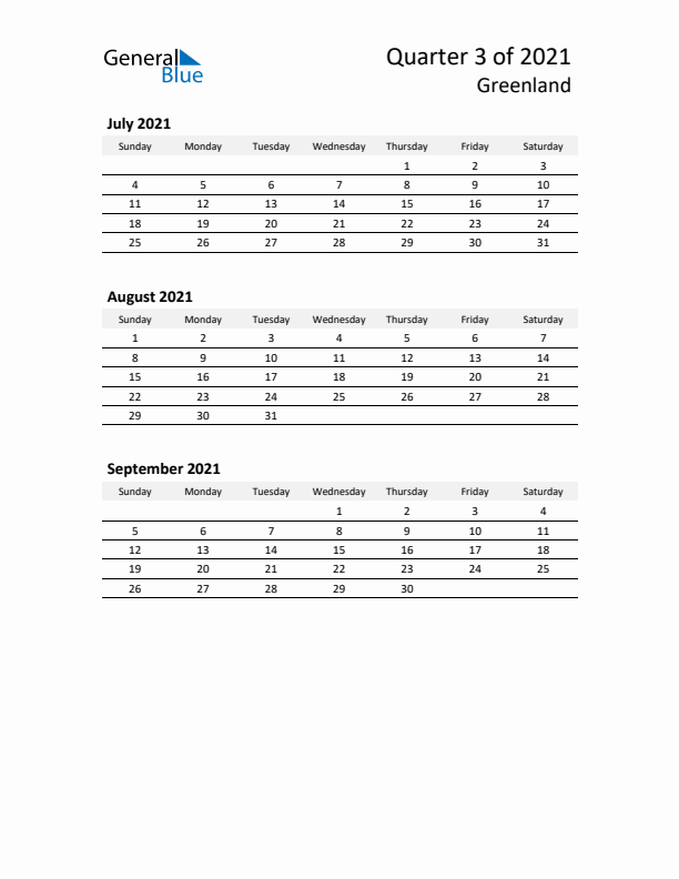 2021 Q3 Three-Month Calendar for Greenland