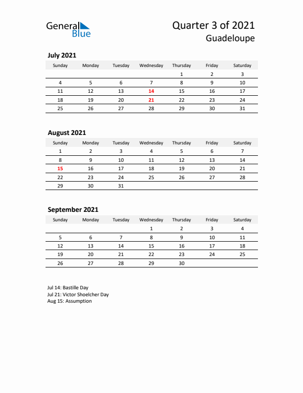 2021 Q3 Three-Month Calendar for Guadeloupe