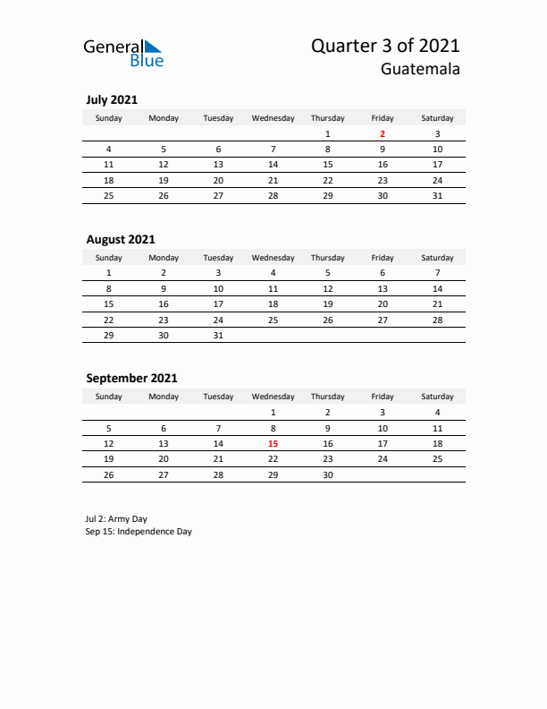 2021 Q3 Three-Month Calendar for Guatemala