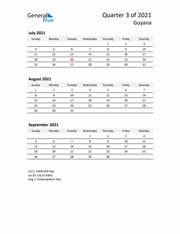 2021 Q3 Three-Month Calendar for Guyana