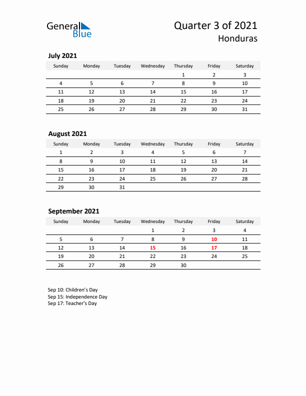 2021 Q3 Three-Month Calendar for Honduras