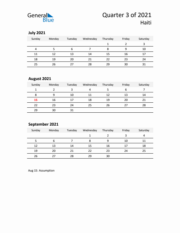 2021 Q3 Three-Month Calendar for Haiti