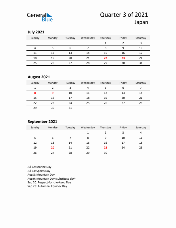 2021 Q3 Three-Month Calendar for Japan