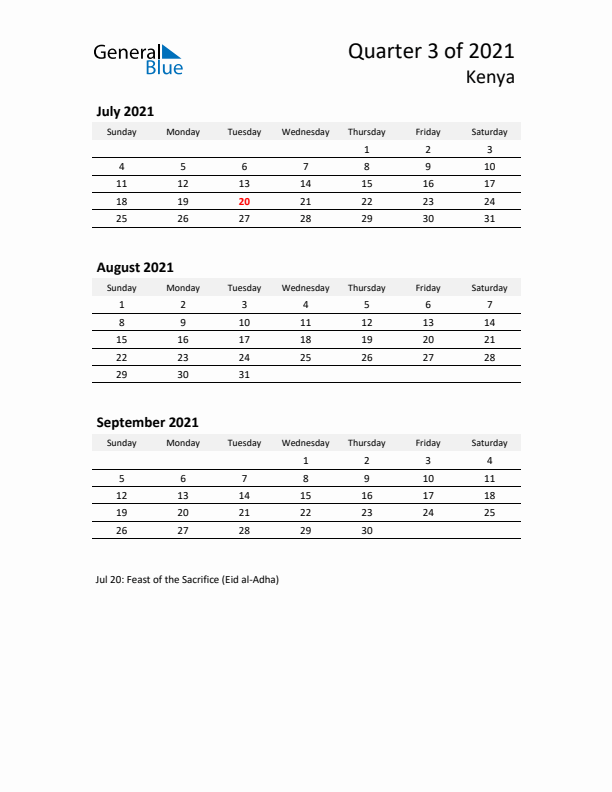 2021 Q3 Three-Month Calendar for Kenya