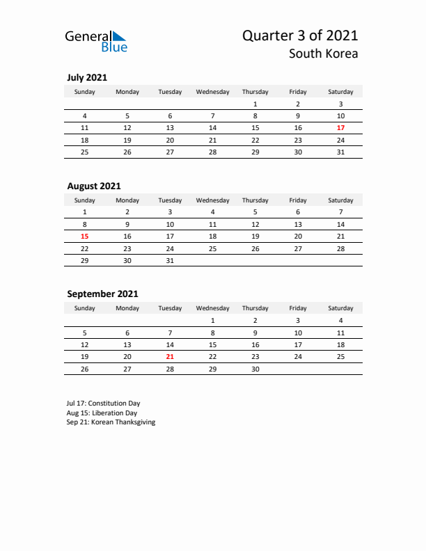 2021 Q3 Three-Month Calendar for South Korea