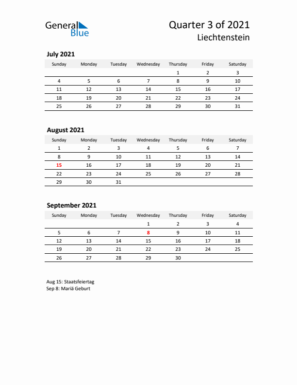 2021 Q3 Three-Month Calendar for Liechtenstein