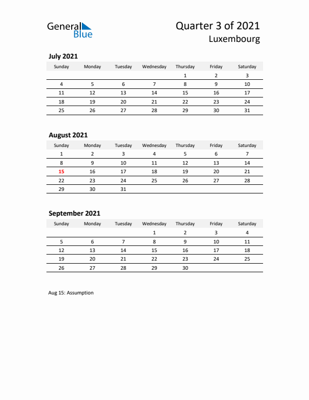 2021 Q3 Three-Month Calendar for Luxembourg