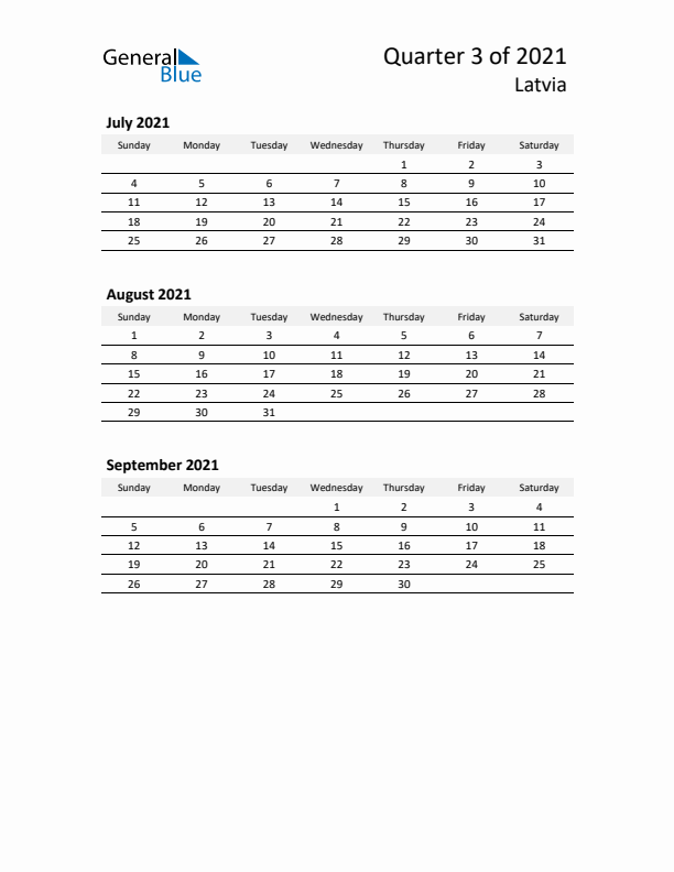 2021 Q3 Three-Month Calendar for Latvia